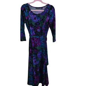 Nina Leonard Boat Neck Midi Maxi Jewel Tone Floral Dress Size S retail $61